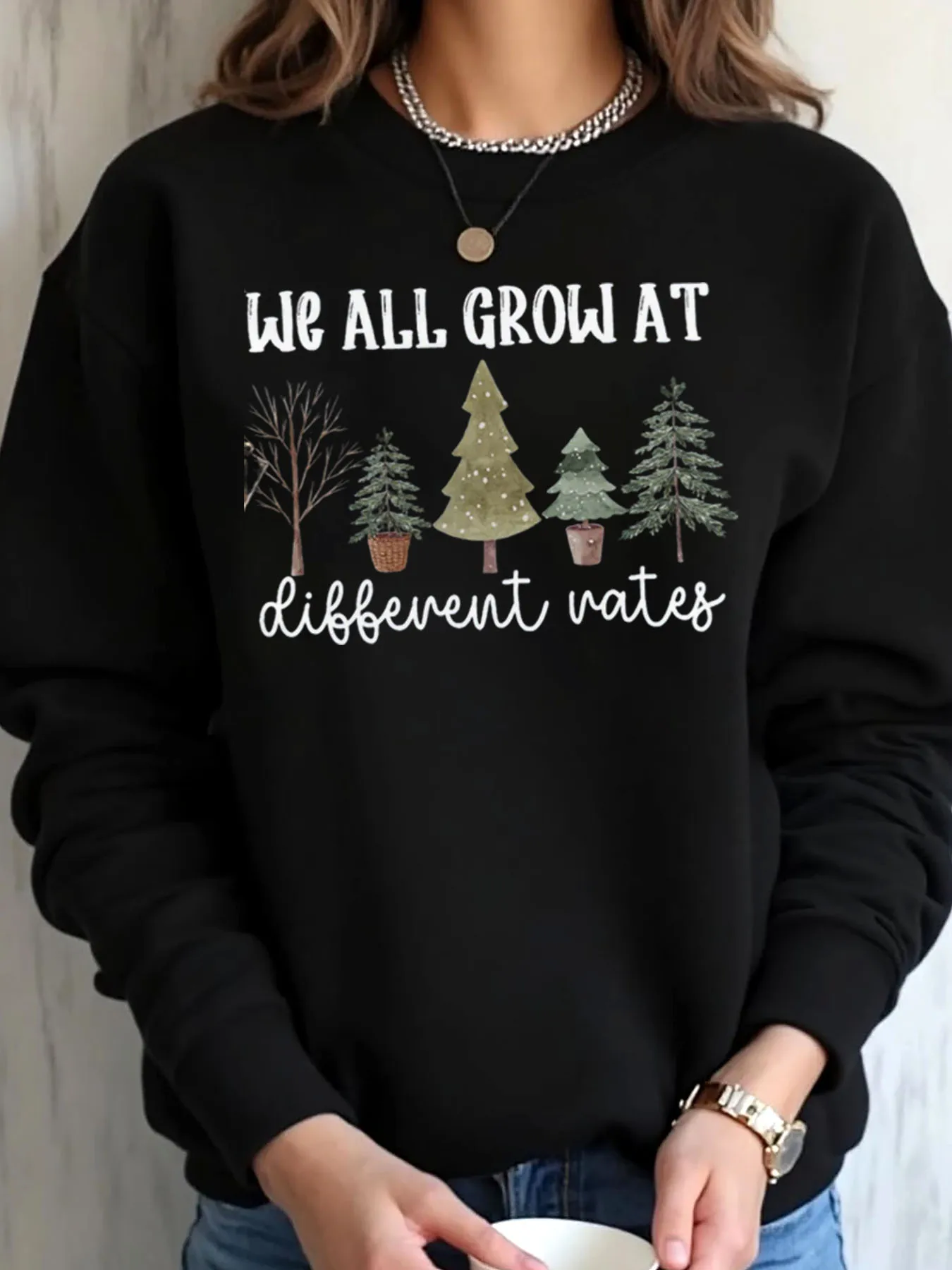 Women Oversized Sweatshirt Christmas Tree Growth Message Outdoor Wear