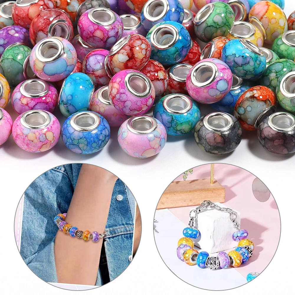 20 Stück 14mm Acrylperlen mit Tintenwaschmuster, runde Perlen mit großem Loch, lose Abstandsperlen für die Schmuckherstellung, DIY Armband, Halskette, Zubehör – Detail 2