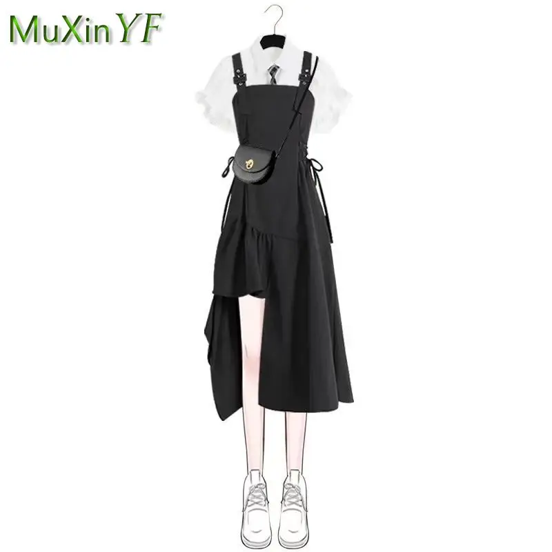 Women\'s Summer Dress Suit 2023 New Fashion Short Sleeve Blouse Sling Skirt Two Piece Korean Elegant Girl Shirt Matching Set