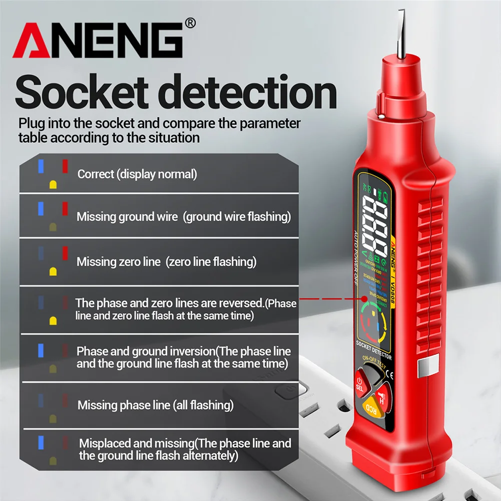 ANENG VD808 Rilevatori di interruttori automatici Analizzatore di circuito presa Tester di tensione CA Spina USA/UE Perdite Polarità Strumenti di prova di perdite