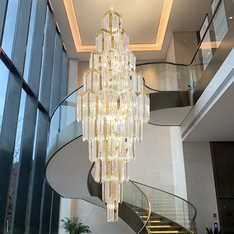 

New Design Villa High Ceiling Living Room Crystal Light Hotel Lobby Long Chandelier Duplex Simple Rotating Stairwell Pendantlamp