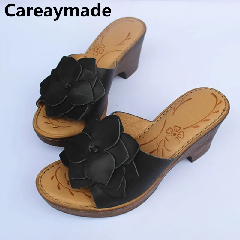 

Careaymade-Real Leather Coarse High-heeled Fishmouth handmade slippers Head Layer Cowhide Hand-made Open-toed Women slippers