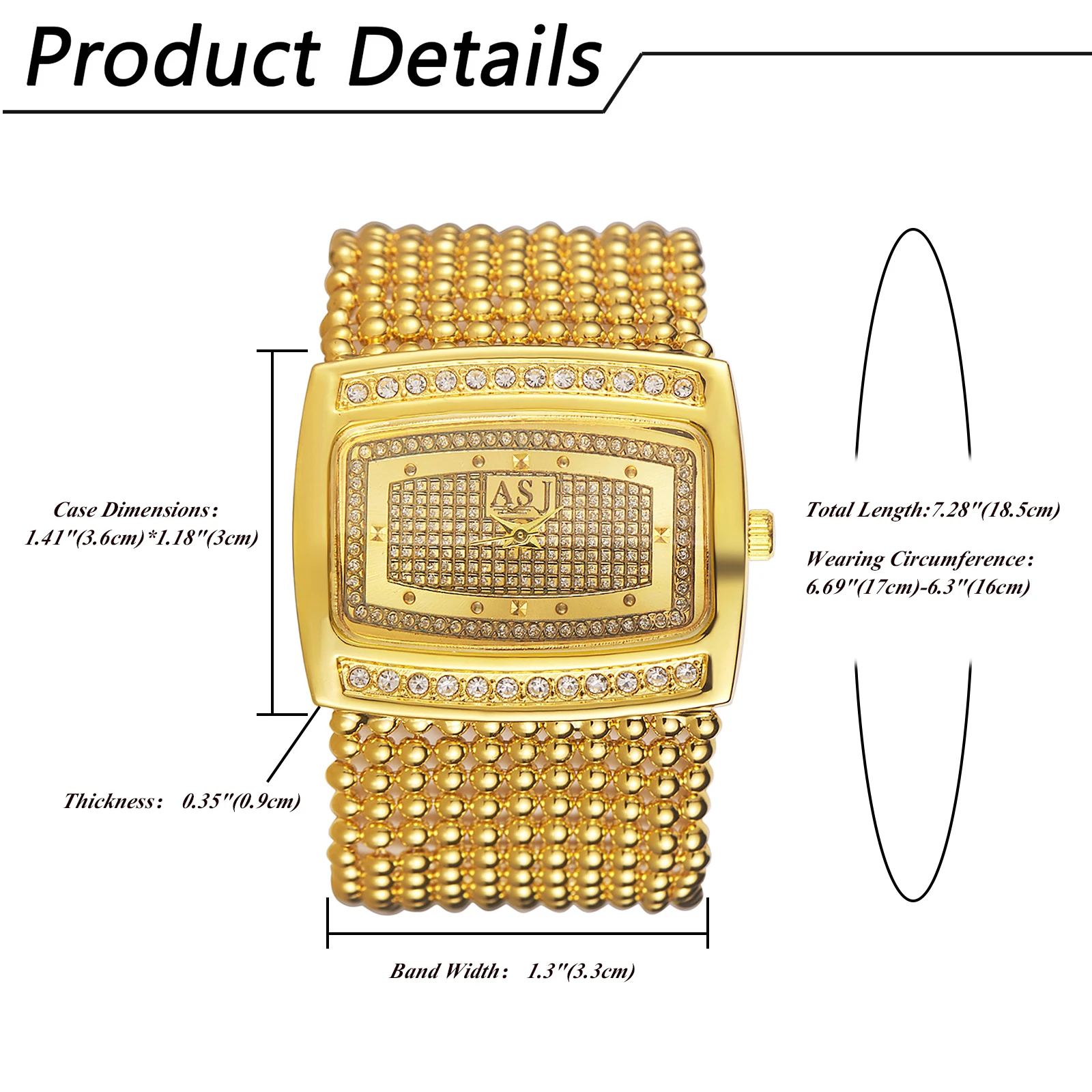 Lancardo Rectangular Diamond Gold Watch Large Dial Beaded Bracelet Simulating Quartz Exquisite Fashion Adjustable Jewelry Buckle