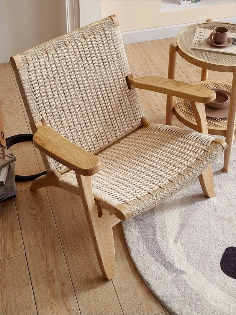 Solid Wood Rattan Armchair Home Living Room Balcony Back Simple Single Sofa Lazy Chair Office Conference Room Furniture