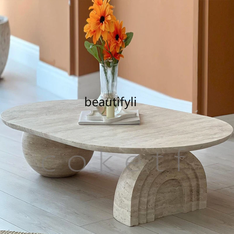 Wabi Sand minimalist creative Italian natural Roman travertine oval coffee table designer living room home