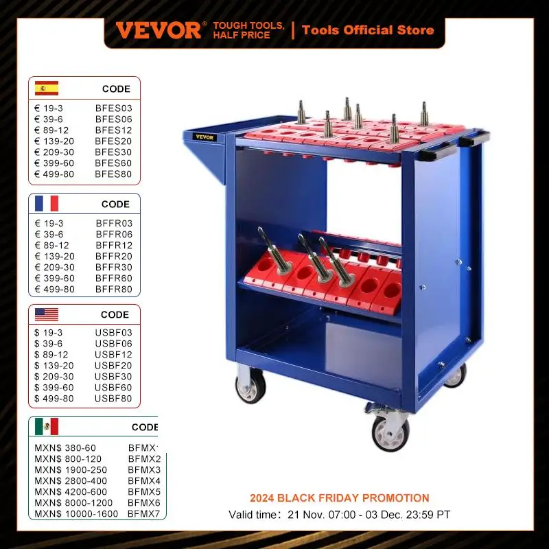 VEVOR BT40 CNC Tool Trolley Cart 35 Capacity Tooling Blue 40 Taper Tool Holders Shelf Cart with Two Swivel Two Fixed Casters