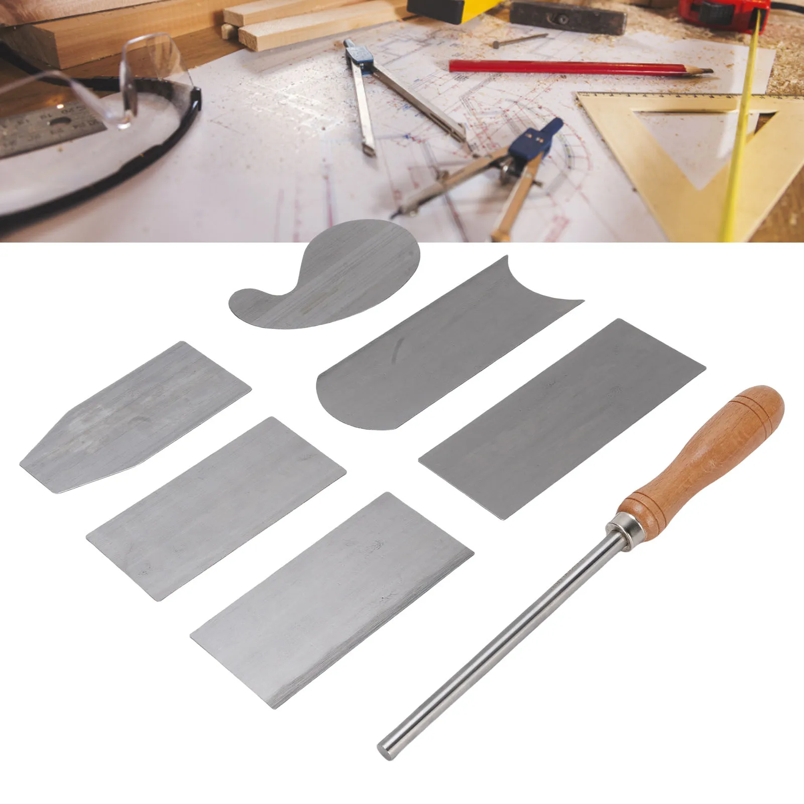 

Набор из 6 фигурных скребков для шкафов из марганцевой стали с полировщиком для деревообрабатывающих работ