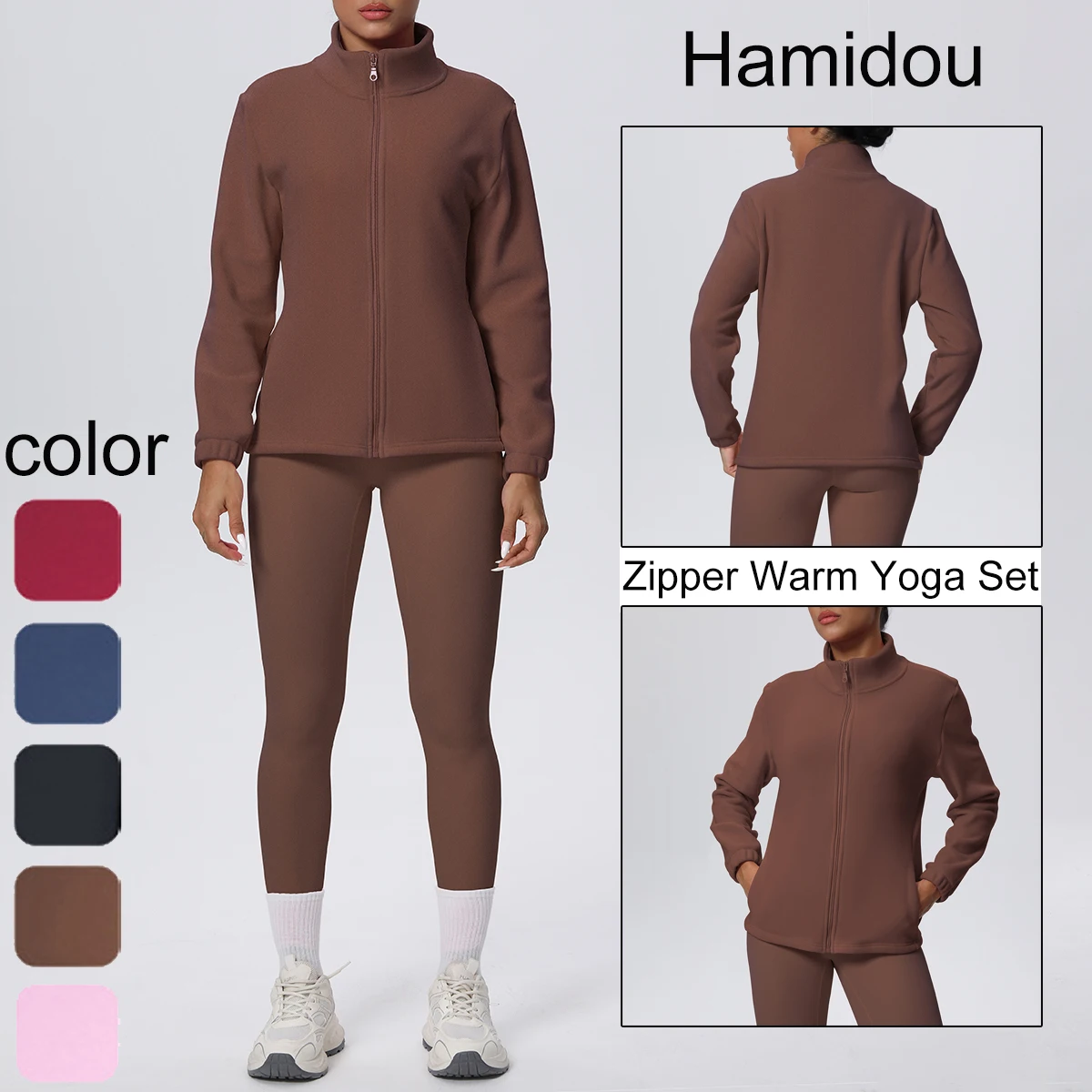 

Sports Leggings Yoga Set Solid Color Warm Zipper Jacket With Pockets High Waist Hip Push Up Quick-Dry Yoga Pants Sports Yoga Set