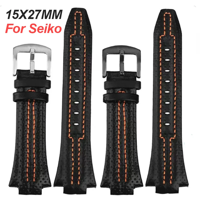 Genuine Leather Wristband for Seiko SNL021P1 SNL017P1 SNA595P2 SNL029P2 Waterproof Watchband Black Watch Belt 15x27mm Bracelet