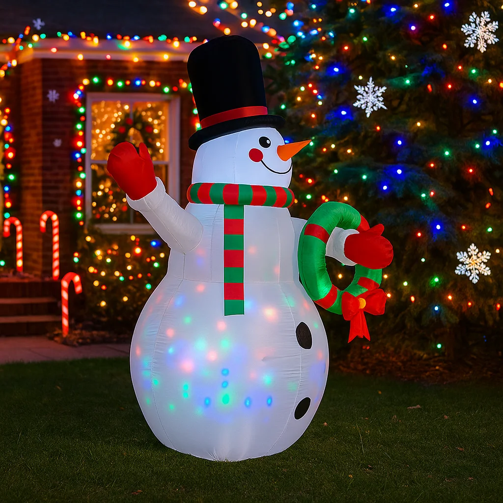 7.8FT Snowman Wreath Inflatable Christmas Decorations Xmas Ornaments Lights Outdoor Home Yard Holiday Party Decor Toys Reindeer