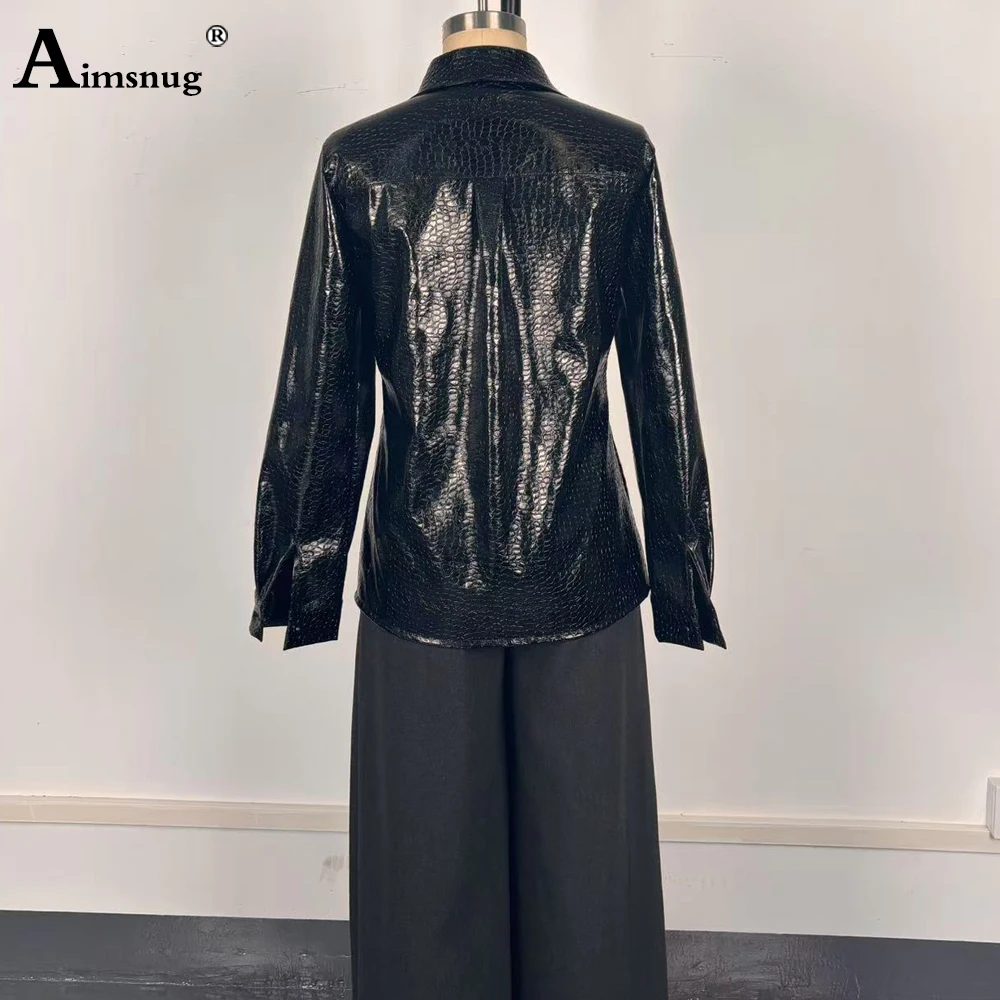 Estilo europeu 2025 moda feminina camisas de couro do plutônio manga longa pele de cobra impressão blusa senhoras turn-down colarinho topos blusas femmes