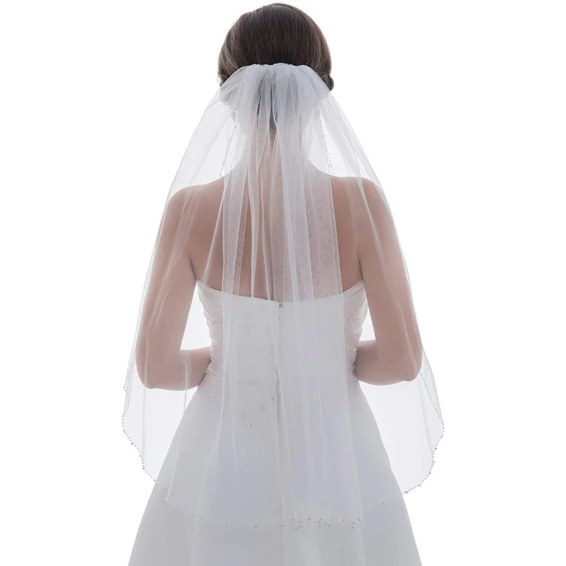 Fashion Crystal Wedding Veil One Layer Beaded Edge Women Bridal Veil Short with Comb  Wedding Accessories