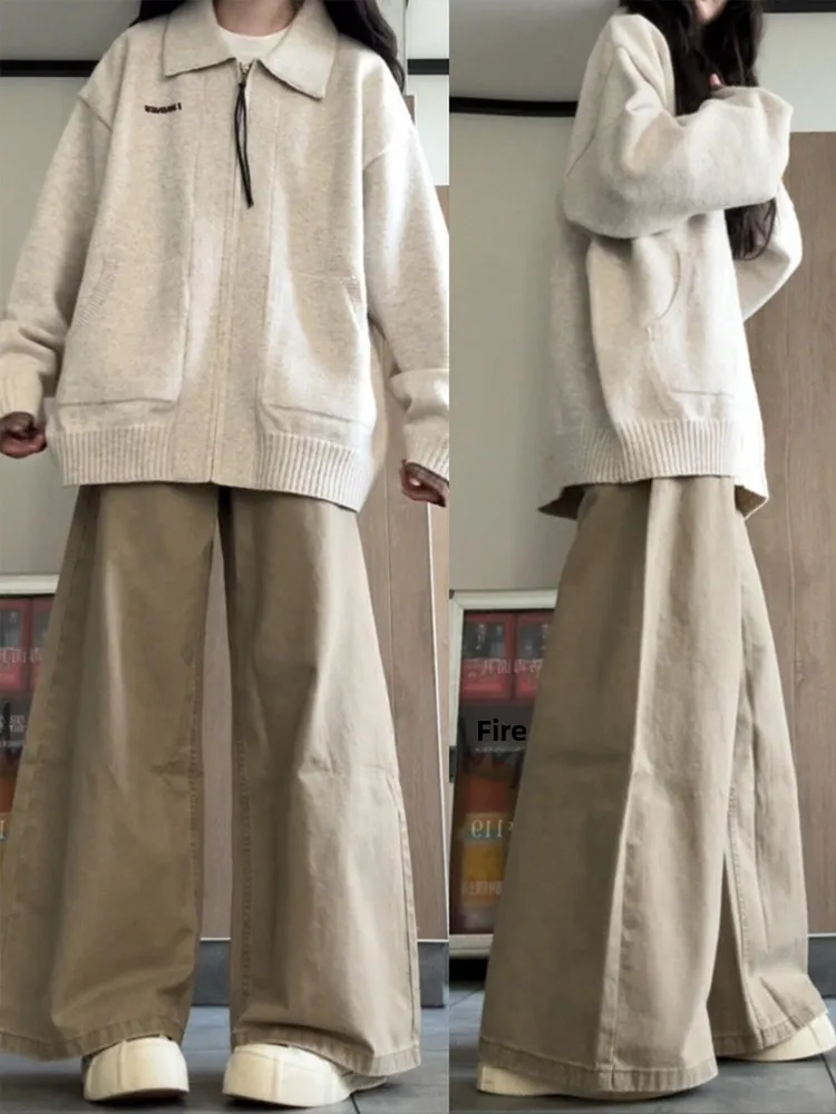 

Американские ретро-джинсы цвета хаки для женщин: осенне-зимние, свободные, прямые, широкие, длинные брюки с высокой талией