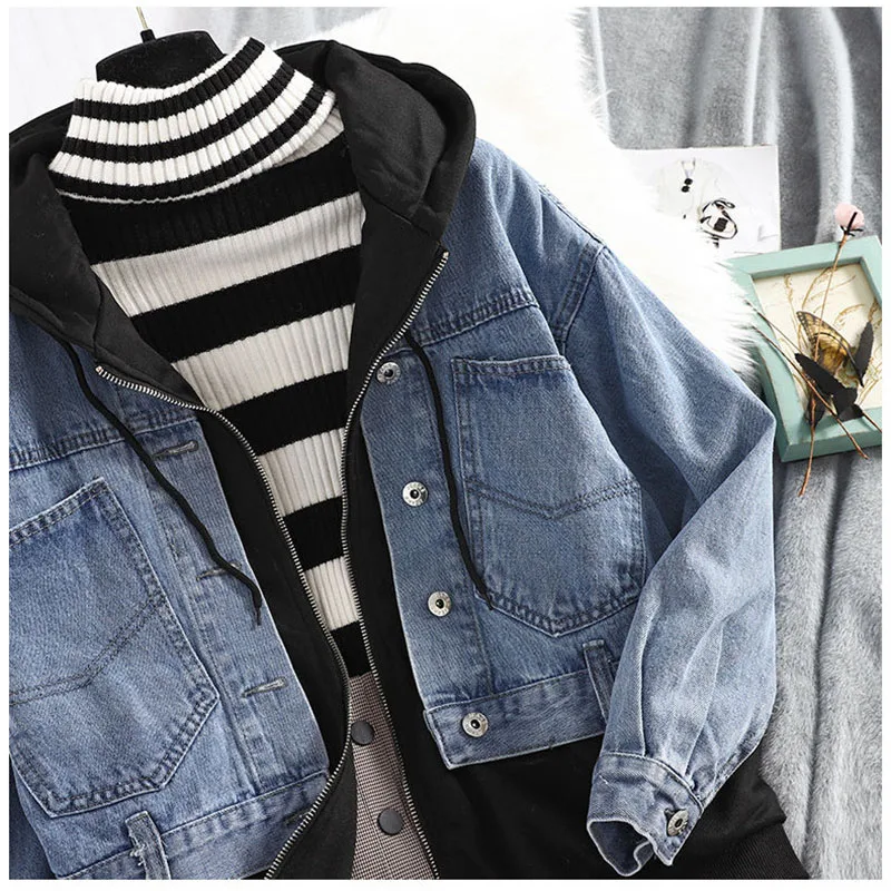 Black Fake Two-Piece Denim Jacket Female 2025 Spring And Autumn New Women\'s Coat Loose Hooded Jacket Temperament Top
