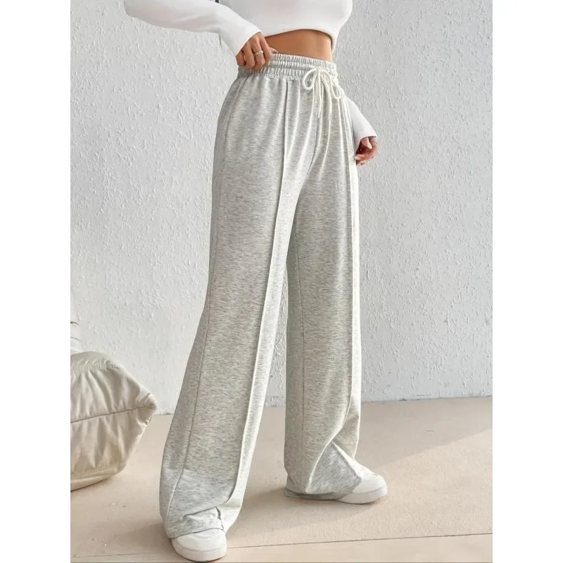 حجم كبير 1XL-5XL المرأة فضفاضة تناسب واسعة الساق الرياضة بناطيل كاجوال بلون مرونة الخصر الرباط Sweatpants مع جيوب