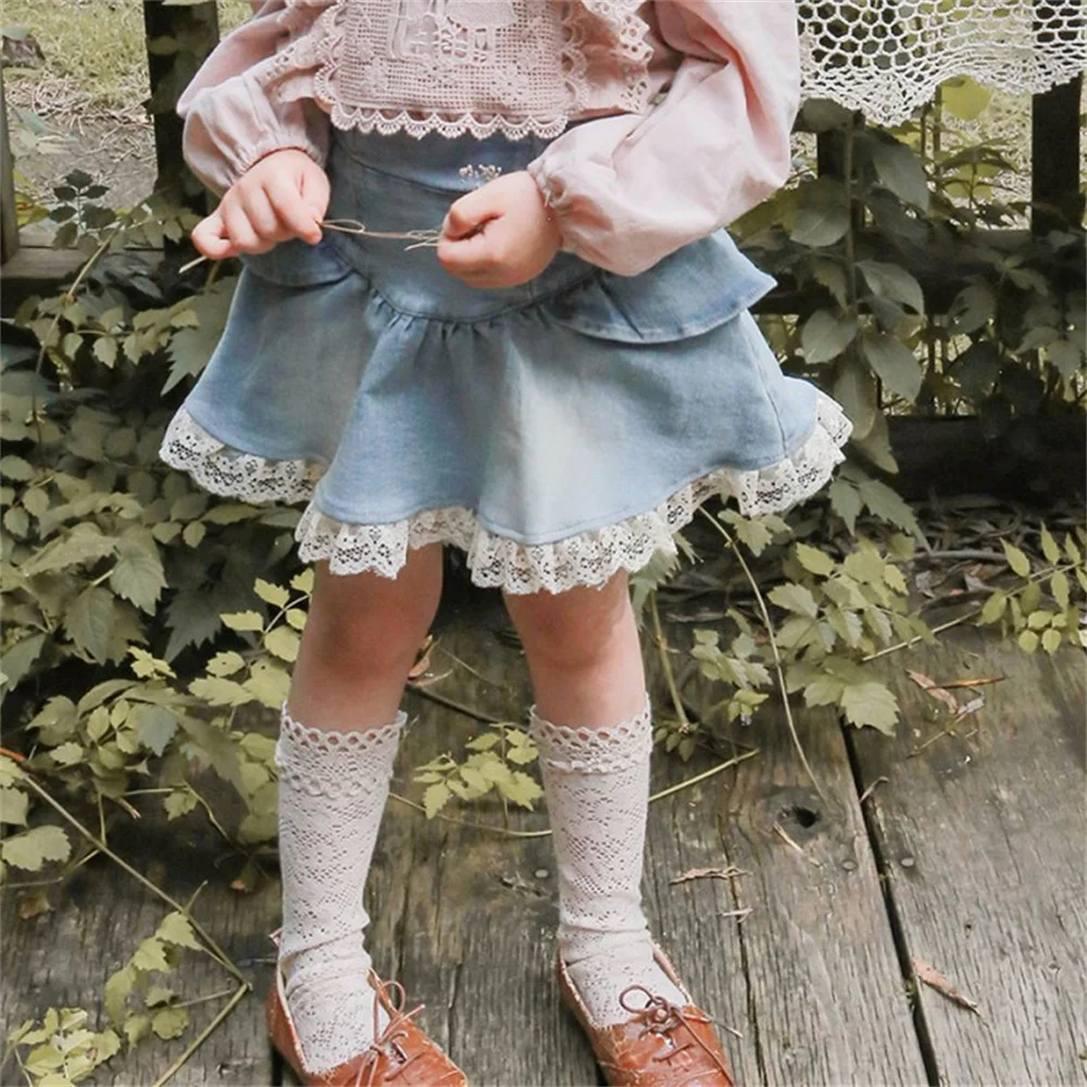 

Kids 2023 Autumn Korean Version Of Children's Clothing Girls Lace Edge Denim Skirt Toddler Girl Clothes