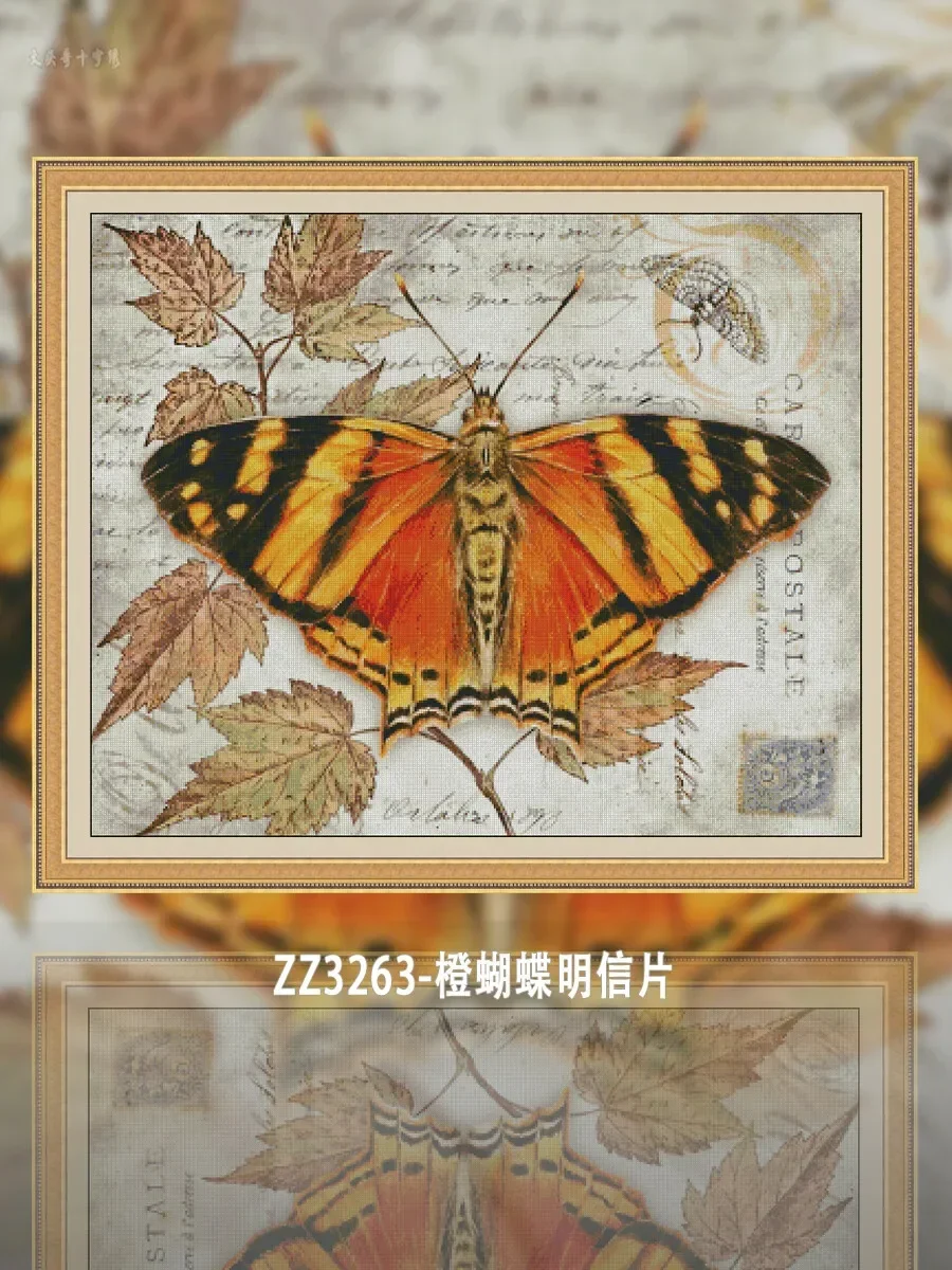 [ZZ3263-Orange Butterfly Postcard] Stamped Cross Stitch Kit 14CT 16CT Pre Printed Canvas Cotton Thread DIY Embroidery Wall Decor