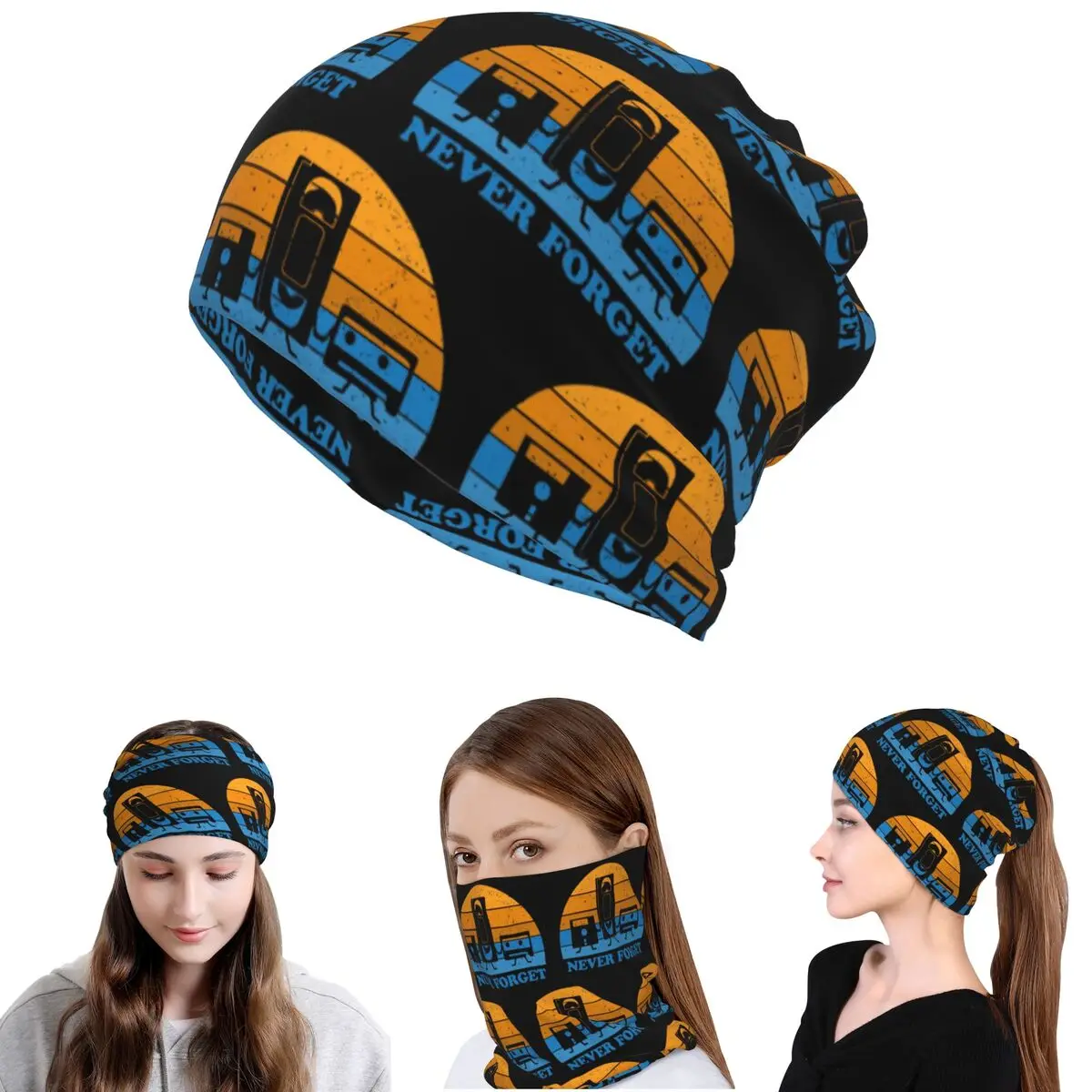Never Forget - Máscara de Pescoço, Lenço, Máscara Facial Quente e Gorro com Estampa de Disquete, Cassete e Fita VHS para Homens e Mulheres, Lavável