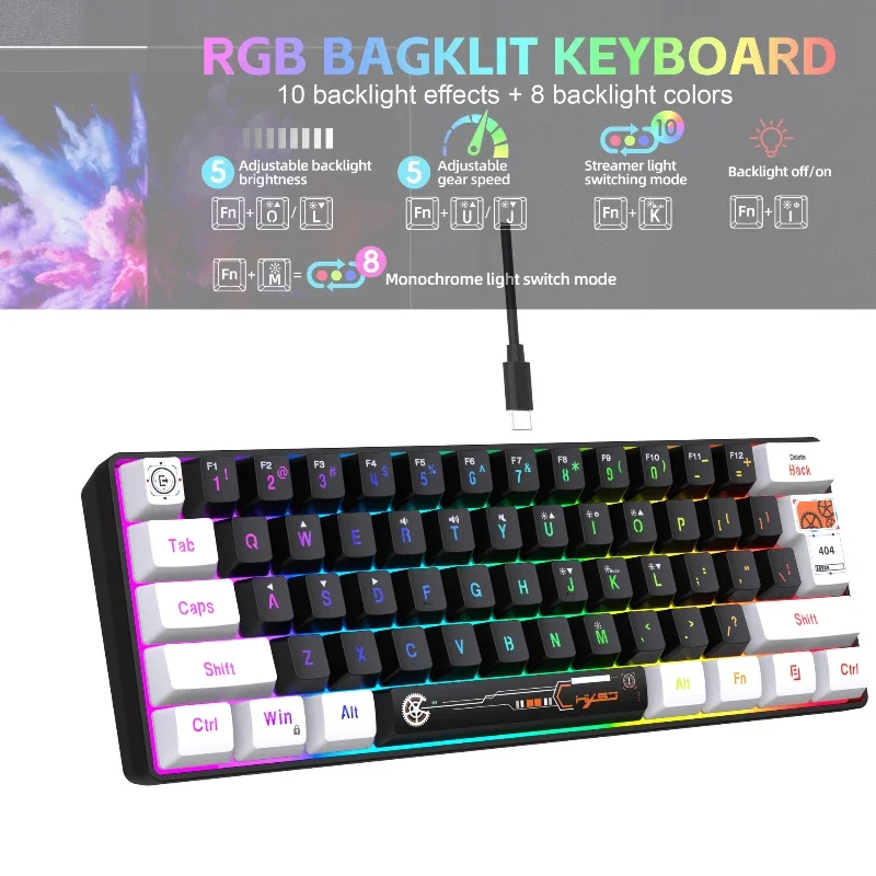 Wired keyboard backlit ultra compact 61 keys keyboards for  RGB ergonomic membrane color gaming 60%  key board pc  (white black)