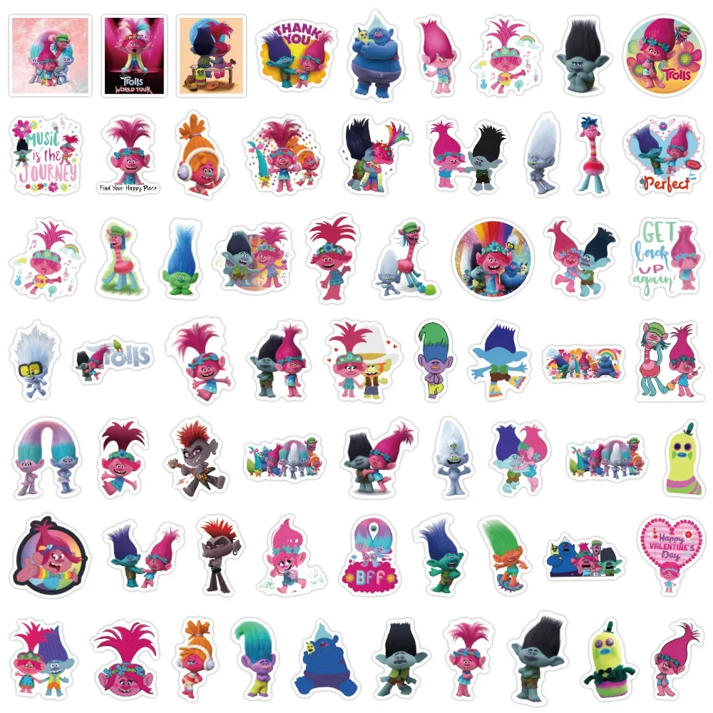 60 pçs trolls dos desenhos animados adesivos animação filme decalques scrapbook bagagem portátil guitarra carro bicicleta skate adesivo brinquedo