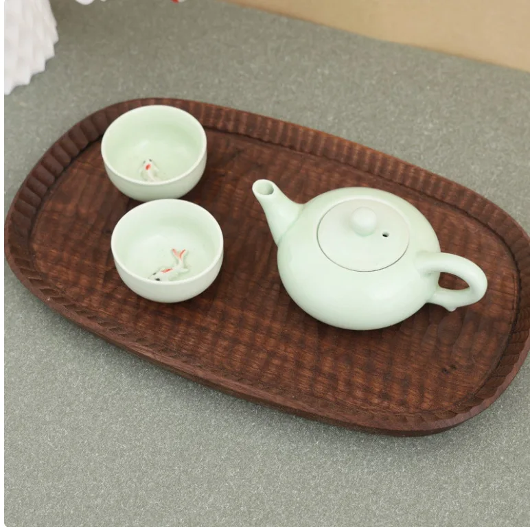 Wooden tea tray All solid wood carved fruit tray Simple kung fu Black walnut snack tray Creative