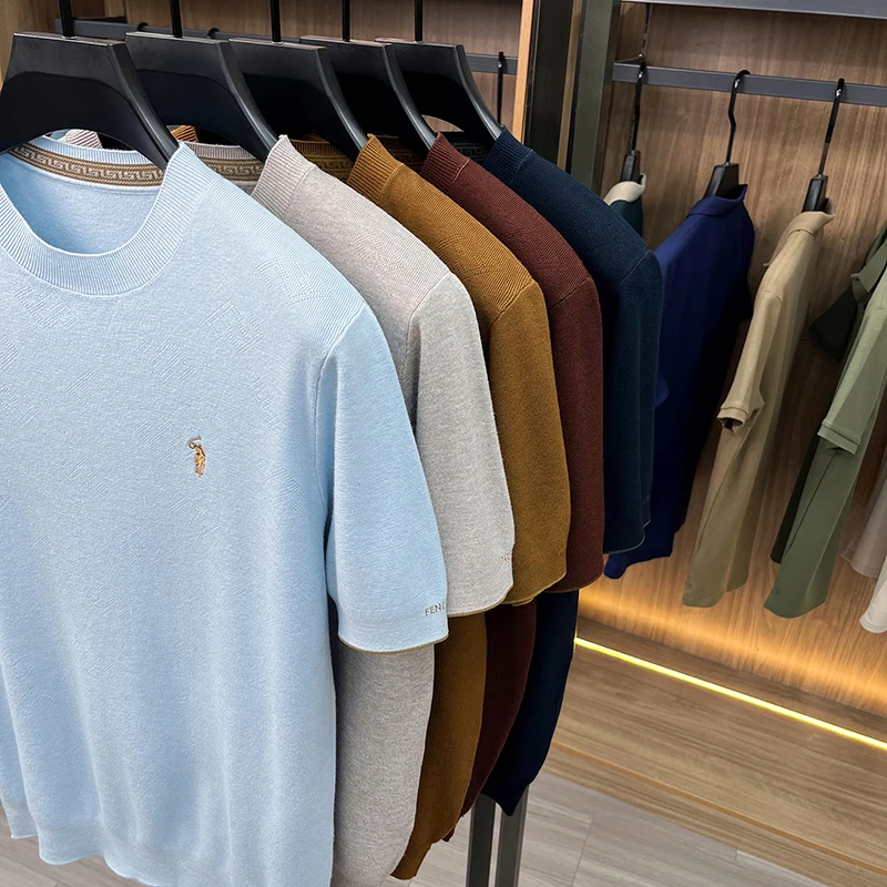 High-end Men's Crew Neck Knitted Sweater Casual Embroidered Trendy Base Shirt Short-sleeve T-shirt Solid Color Top for Summer