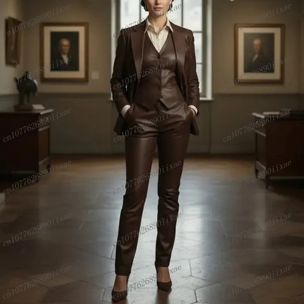 

Dark Brown Leather Formal Occasion Women Suit Wedding Party Business Prom Mother Lady Tuxedos 3 Piece Set Jacket Vest Pants