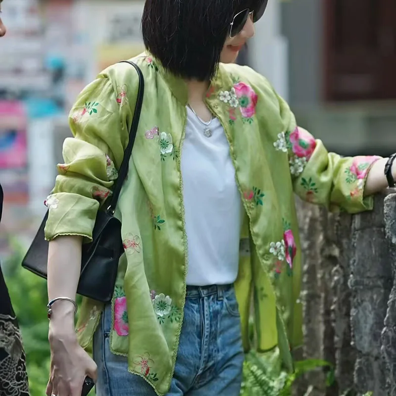 

High Quality 2026 Spring Silk Organza Top New Chinese Style Top Women's O-Neck Embroidery Flowers Loose Blouse Shirt S-XL