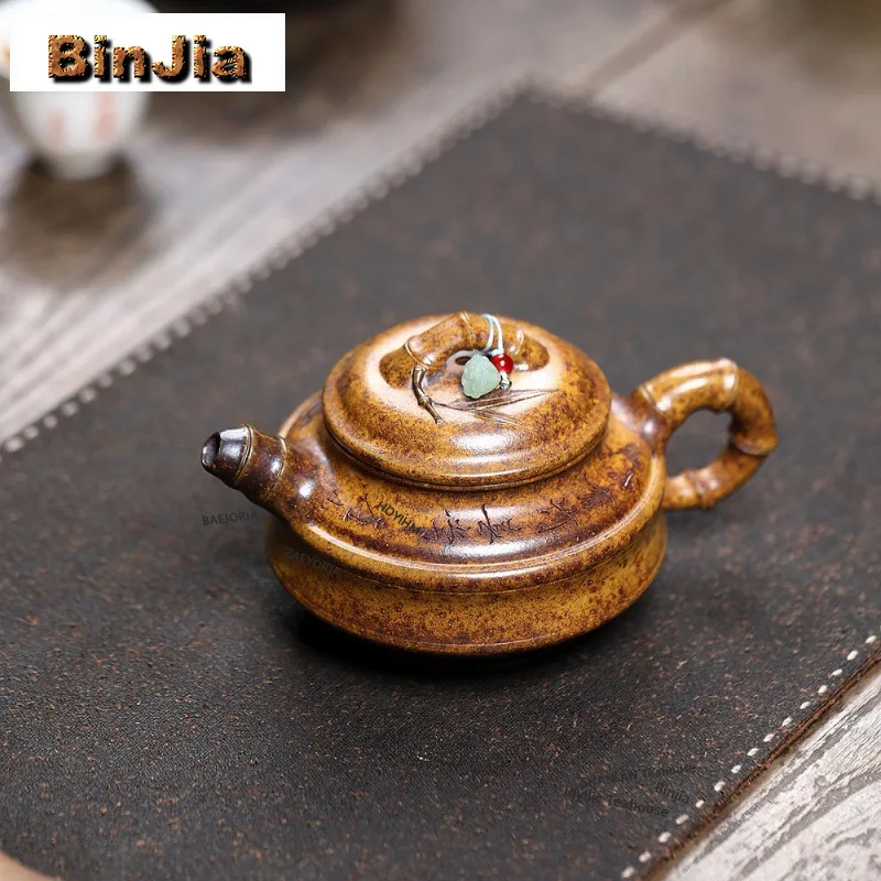 BAEJORIA 260ml Yixing Purple Clay Teapots Handmade Bamboo Drum Pot Raw Ore The Keel Gold Sand Firewood Kettle Zisha Tea Set