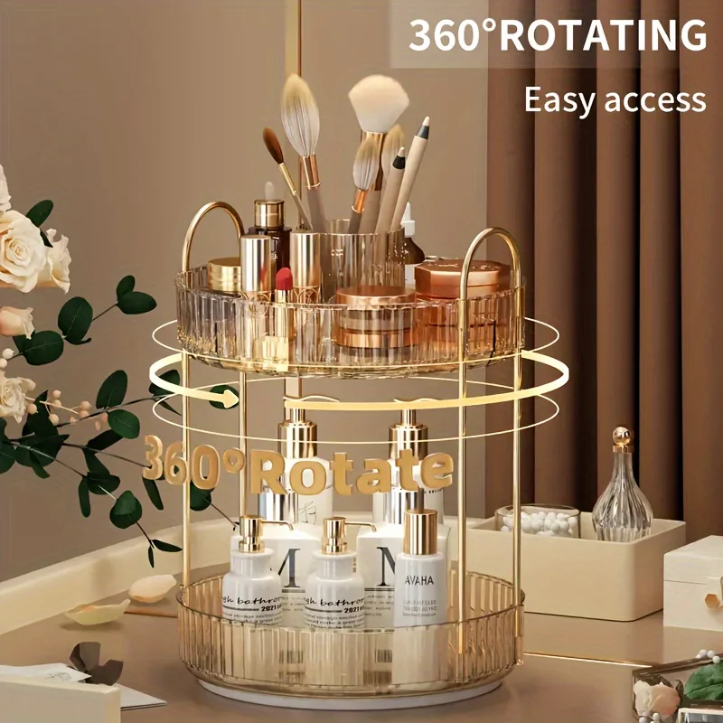 

Two Layer Rotating Cosmetics Storage Box Light Luxury Vanity Lipstick Skincare Storage Shelf Bathroom Bathroom Storage Shelf