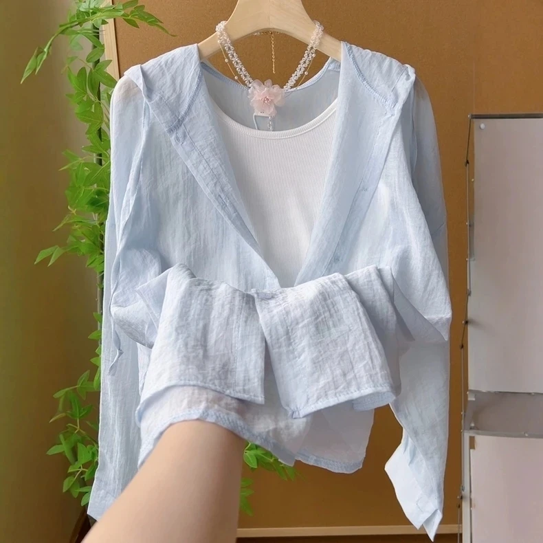 Koreański styl casual, bluza z kapturem chroniąca przed słońcem, letni zestaw dwuczęściowy dla kobiet, modny, przeciwstarzeniowy, z włókna poliestrowego.