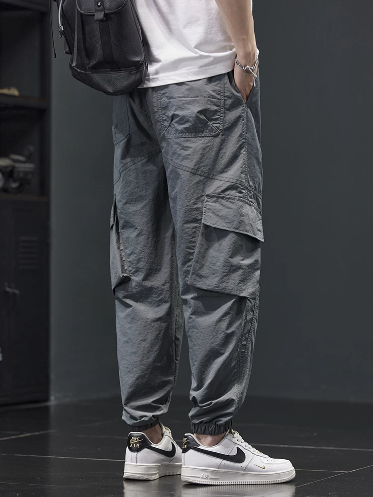 

Retro Workwear Casual Pants Men's Loose Cuffed Summer Thin Outdoor Ice Silk Qui Dry Multi ket Long Trousers