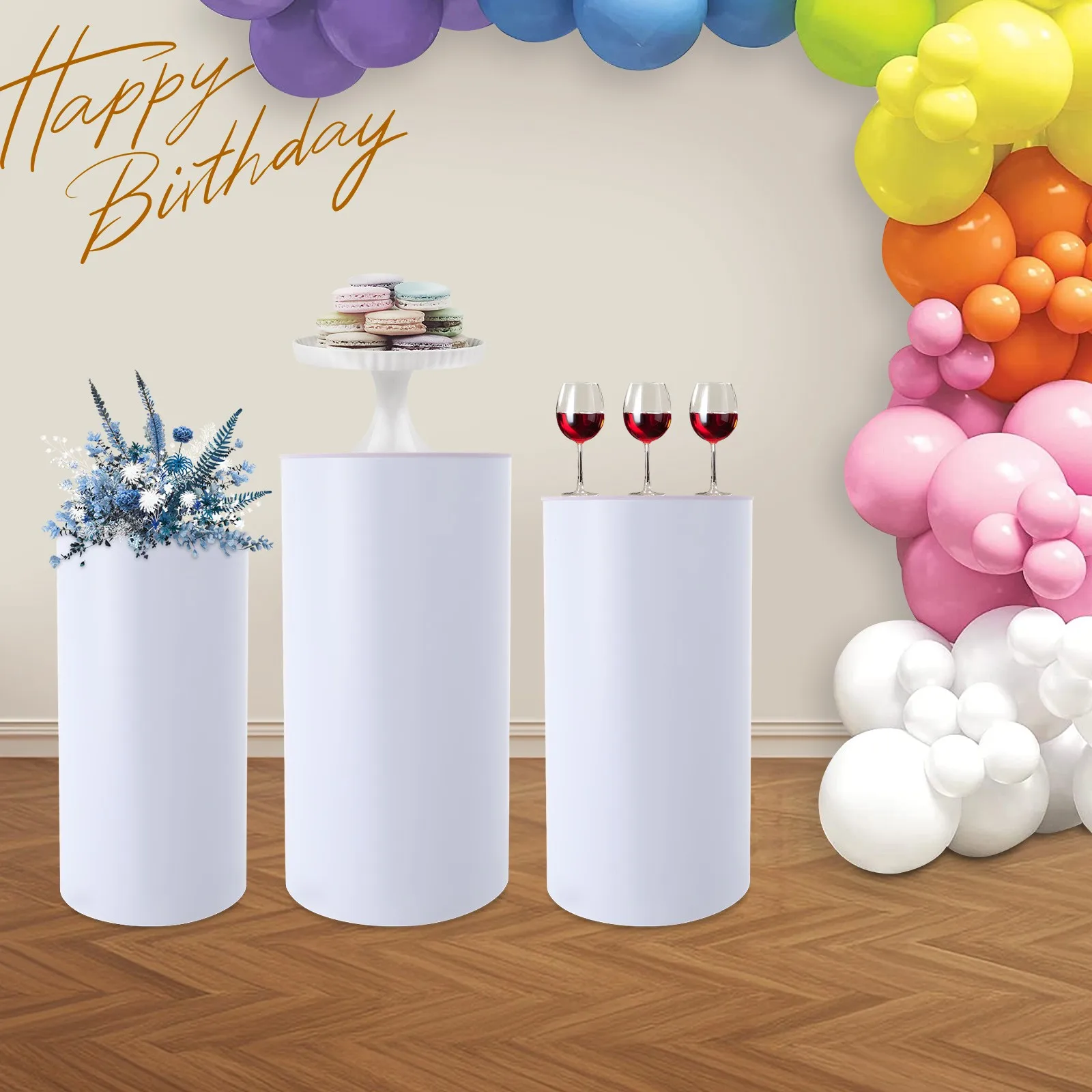 

White Modern Round Cylinders 3Pcs, Sturdy Acrylic PVC, for Weddings/Photo Shoots/Baby Showers, Easy Setup