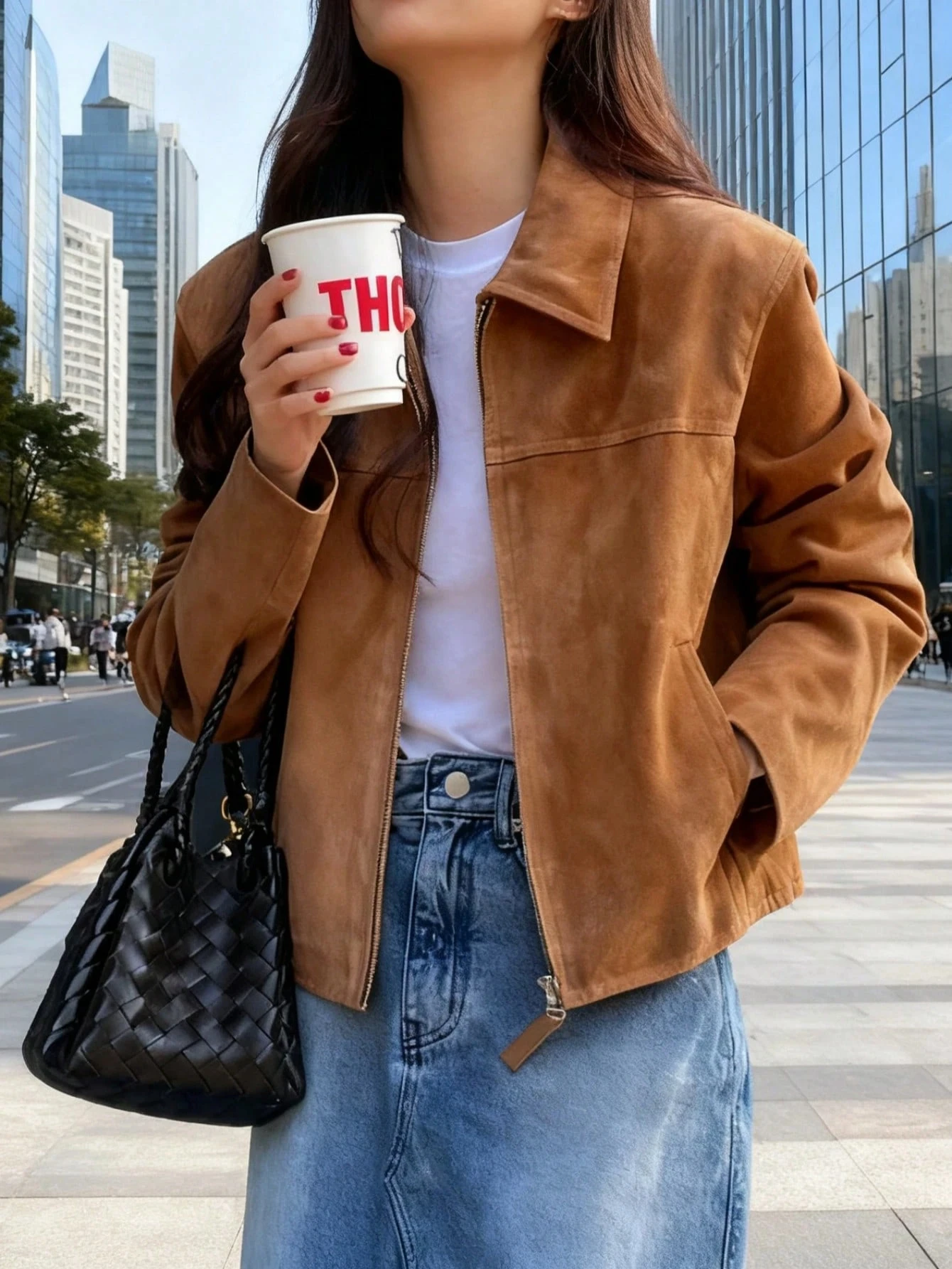 سترة نسائية قصيرة من جلد الغزال الصناعي مع سحاب وطية صدر السترة كاجوال ملابس الشارع لموسم الخريف والشتاء #3