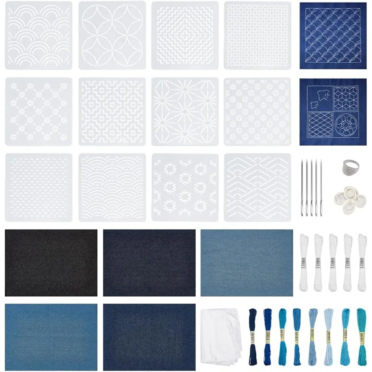 AA14 Embroidery Kit for Beginners Total Water Soluble Denim Fabric Threads Molds Finger Covers Floss for Hand Sewing Quilting