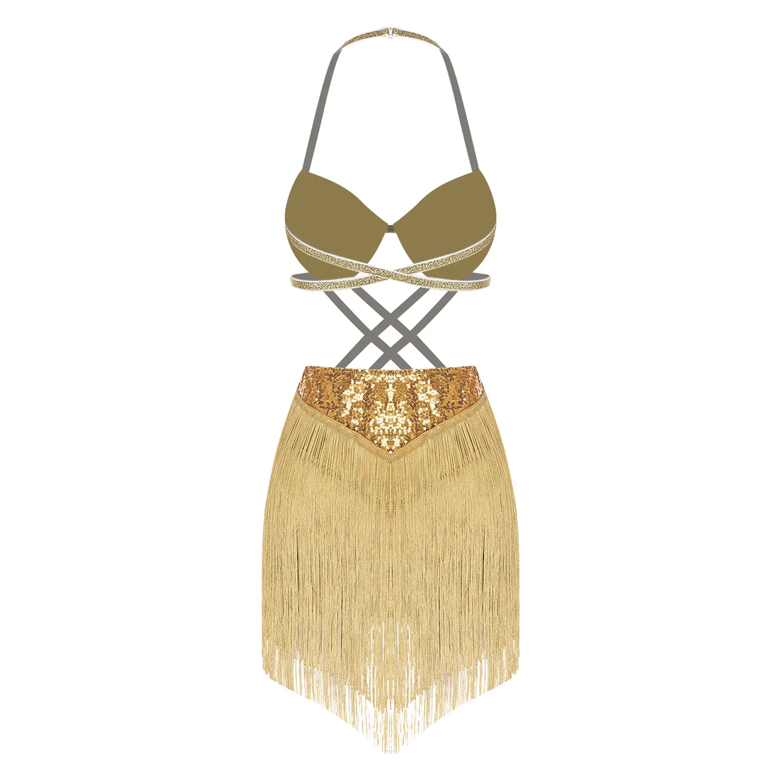 Vestido de baile con lentejuelas y borlas para mujer, sujetador push-up con cuello Halter y espalda descubierta para vientre, Tango latino cha-cha Samba, vestido de baile de salón