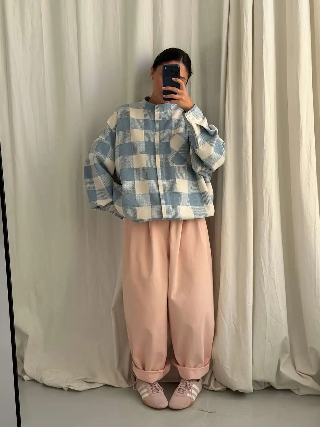 Blue Women Plaid Oversized Shirt Stand‑collar Long‑sleeve Blouse Ladies 2026 Spring‑autumn Casual Daily Loose Outer Short Coat