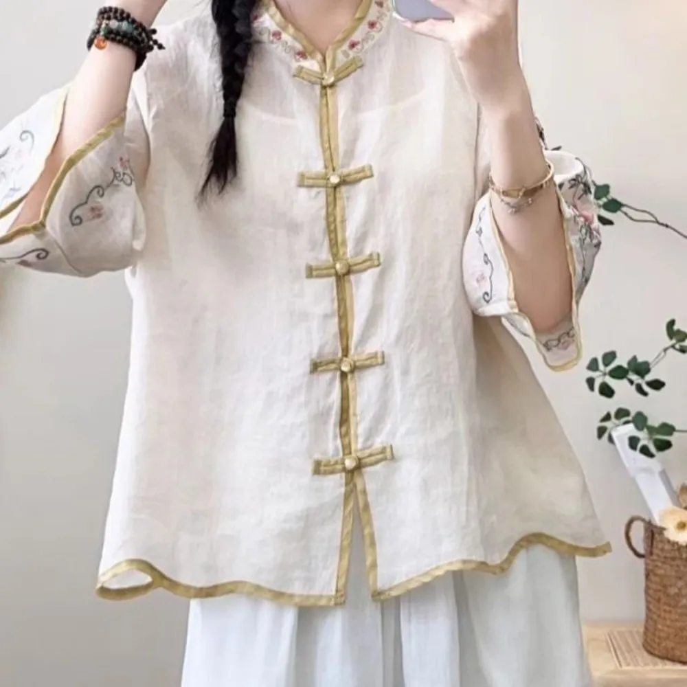 Women's Summer Cotton Linen Shirt, New Chinese Style Embroidery Frog Button Loose Stand Collar Retro Literary Top