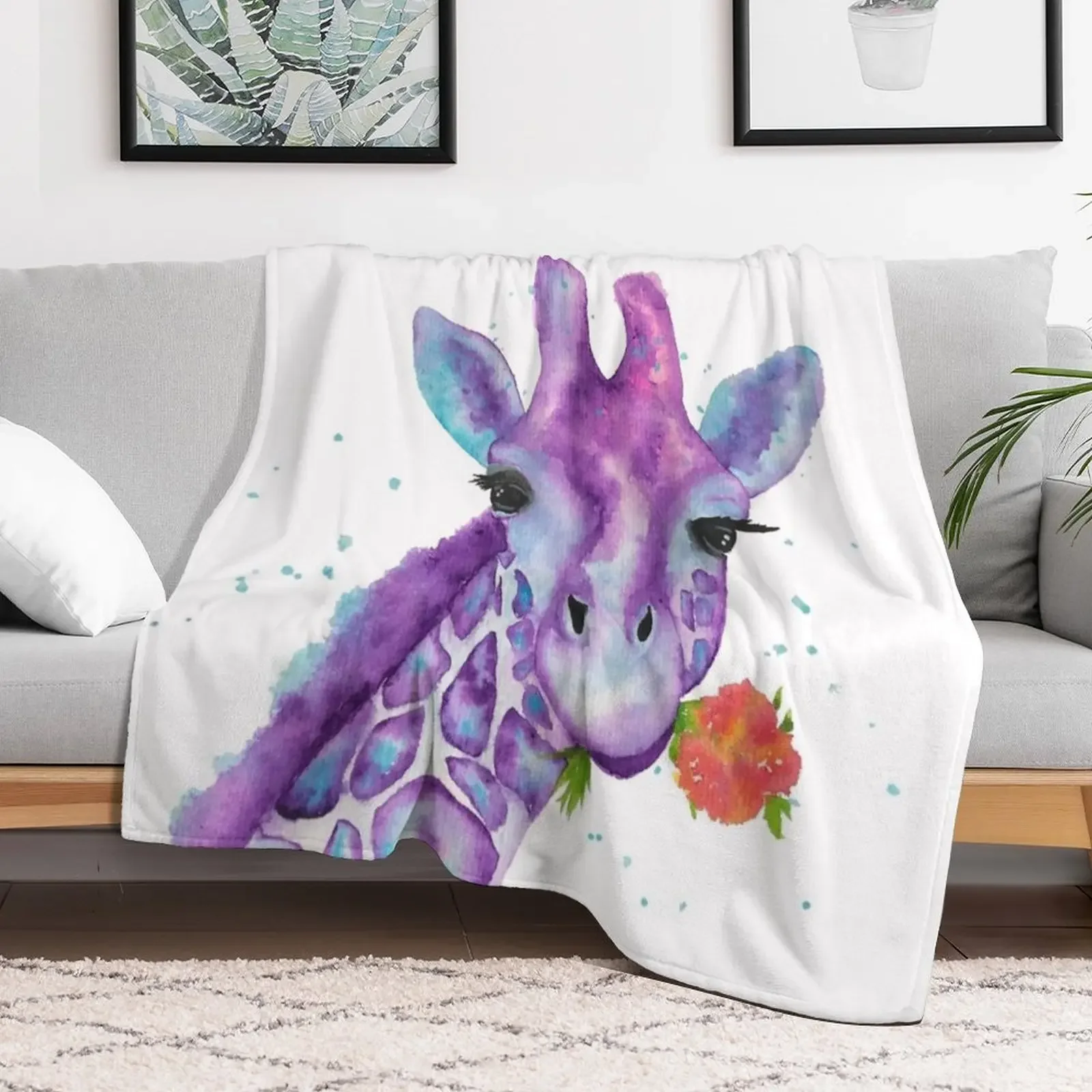 Zoya, the Purple Giraffe Watercolor Throw Blanket Stylish Decor Blanket Gift for Friends Roommate
