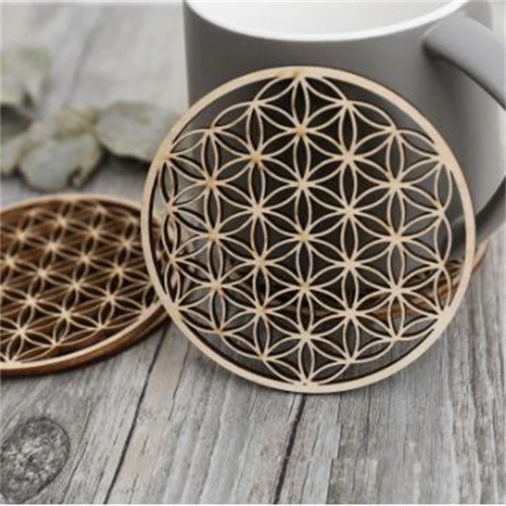 

Coasters Wood Wall Art Home Decor Laser Cut Wooden Wall Sign Flower of Life Shape Flower Of Life Energy Mat Slice Wood Base