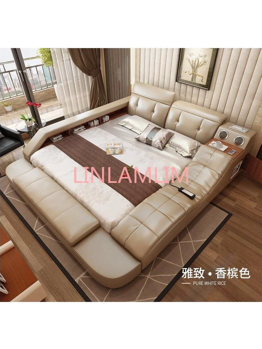 MINGDIBAO Genuine Leather Tech Smart Bed Multifunctional Beds Frame Ultimate Tatami Lit Massage Camas with Bluetooth, Speaker