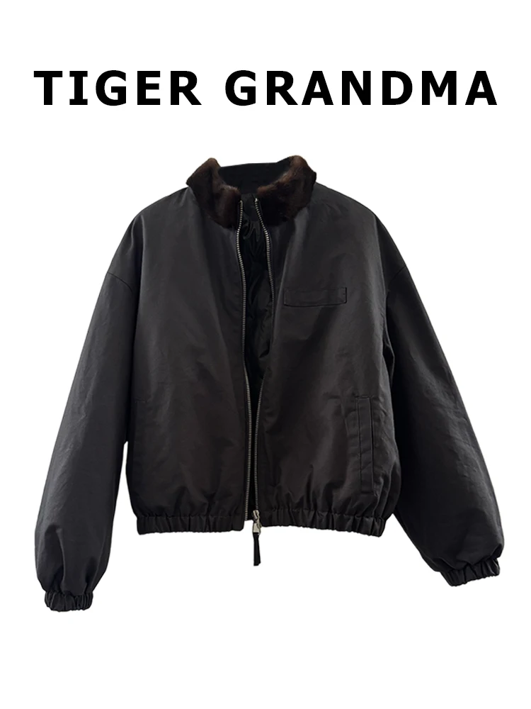 

Daqi TG Du down Jaet with Mink Collar Thiened Long Sve Warm Coat for Women mat Sle Cotton Fabric Zipper Clo...