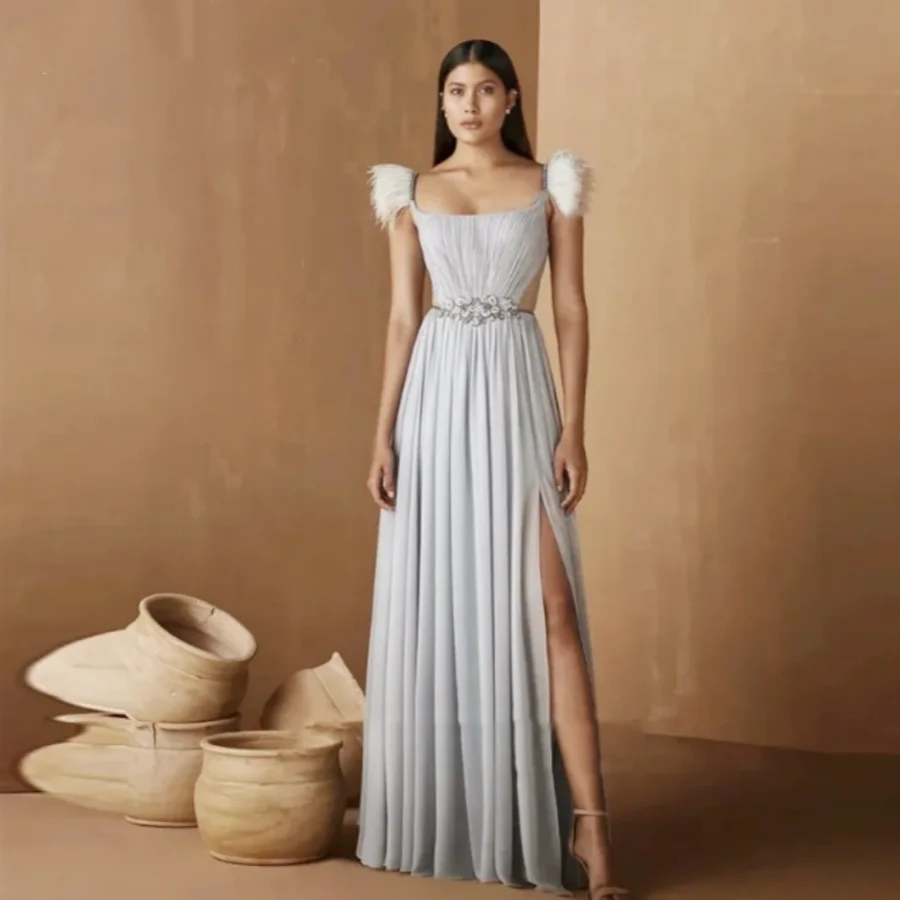 Wedding Dresses For Woman Pearls Belt Morden Chiffon Side Split Dress Blue Tassel Square Collar  Prom Dress Luxury V Back 2024