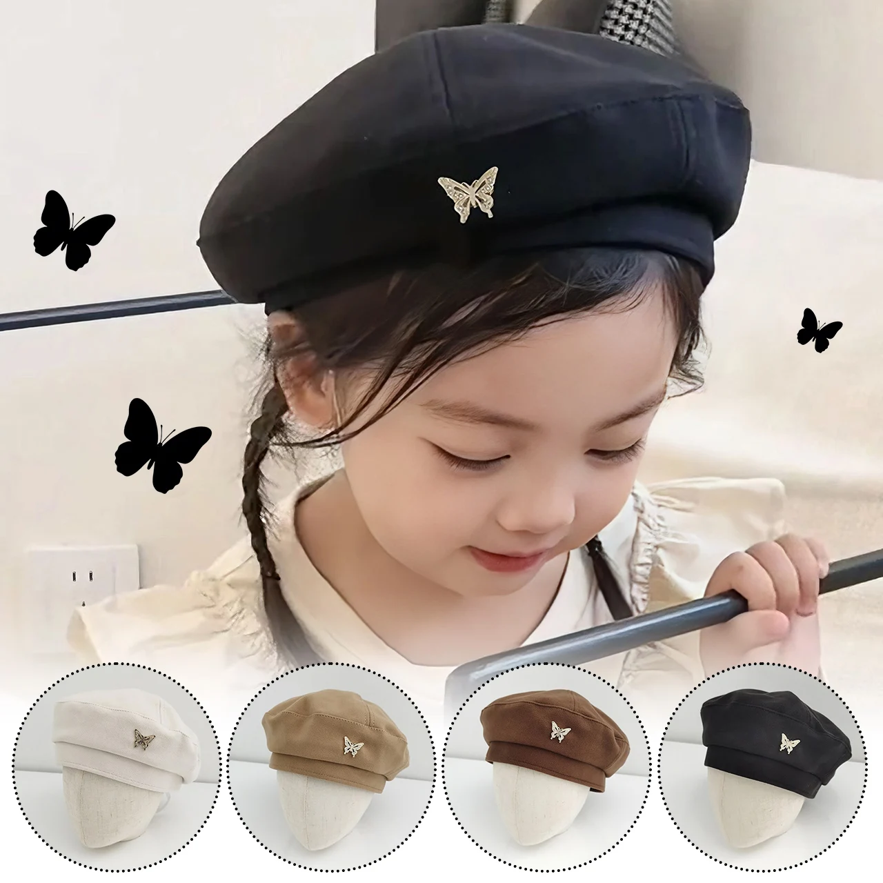 

Fashion Cute Baby Beret Hat Solid Color Cotton Spring Summer Artist Painter Hat Butterfly Girls Toddler Kids Octagonal Hats