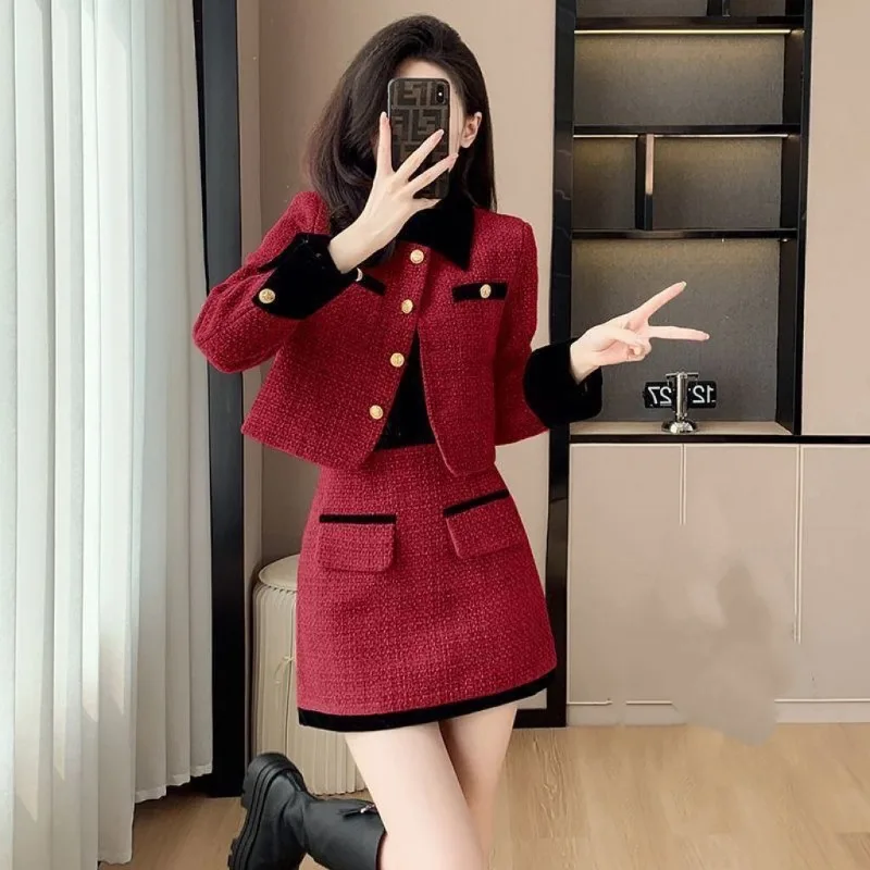 

Winter French Elegant Vintage Two Piece Set Patchwork Red Blazer and Skirt Set Tweed Suit Korean Fashion Design Casual Outfits