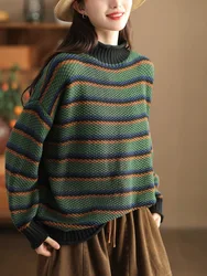 Vintage Fashion Striped Patchwork Women Sweater Autumn Winter Literary Half High Collar Casual Elegant Simple Versatile Pullover