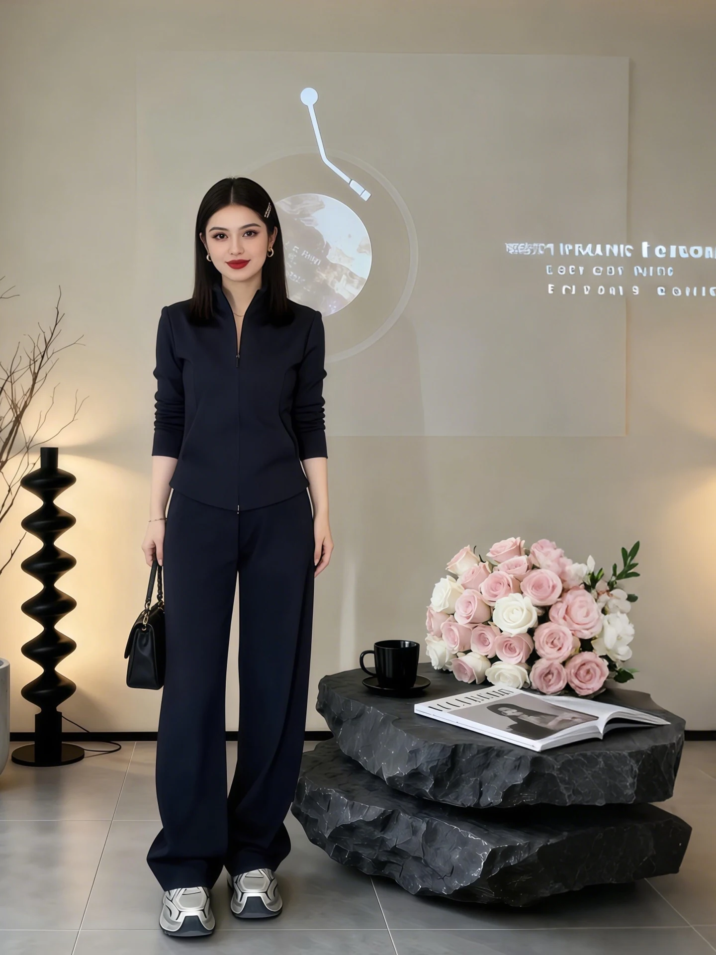 

Комплект из худи в корейском стиле и широких брюк для ранней весны: уникальный и красивый женский костюм из двух предметов с воротником-стойкой, модный наряд