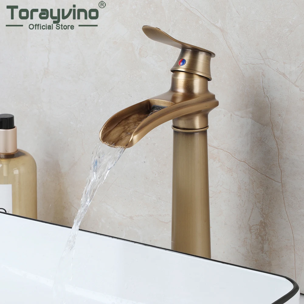 

YANKSMART Antique Brass Bathroom Faucet Waterfall Spout Single Handle Cold and Hot Torneira Basin Sink Mixer Water Crane Tap