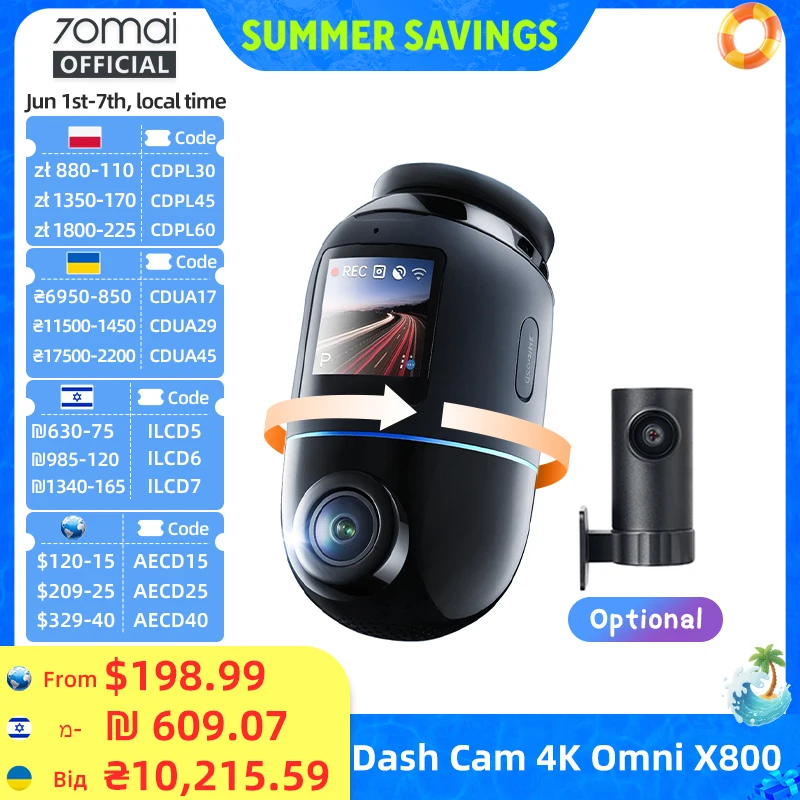 70mai X800 4K Dash Cam 360° Rotating Dual Channel