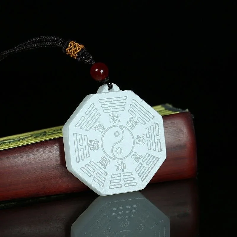 Natural Chinese White Jade Taiji Bagua Pendant Luck of The Season Jade Necklace for Men and Women Hetian Carving Charms Jewelry